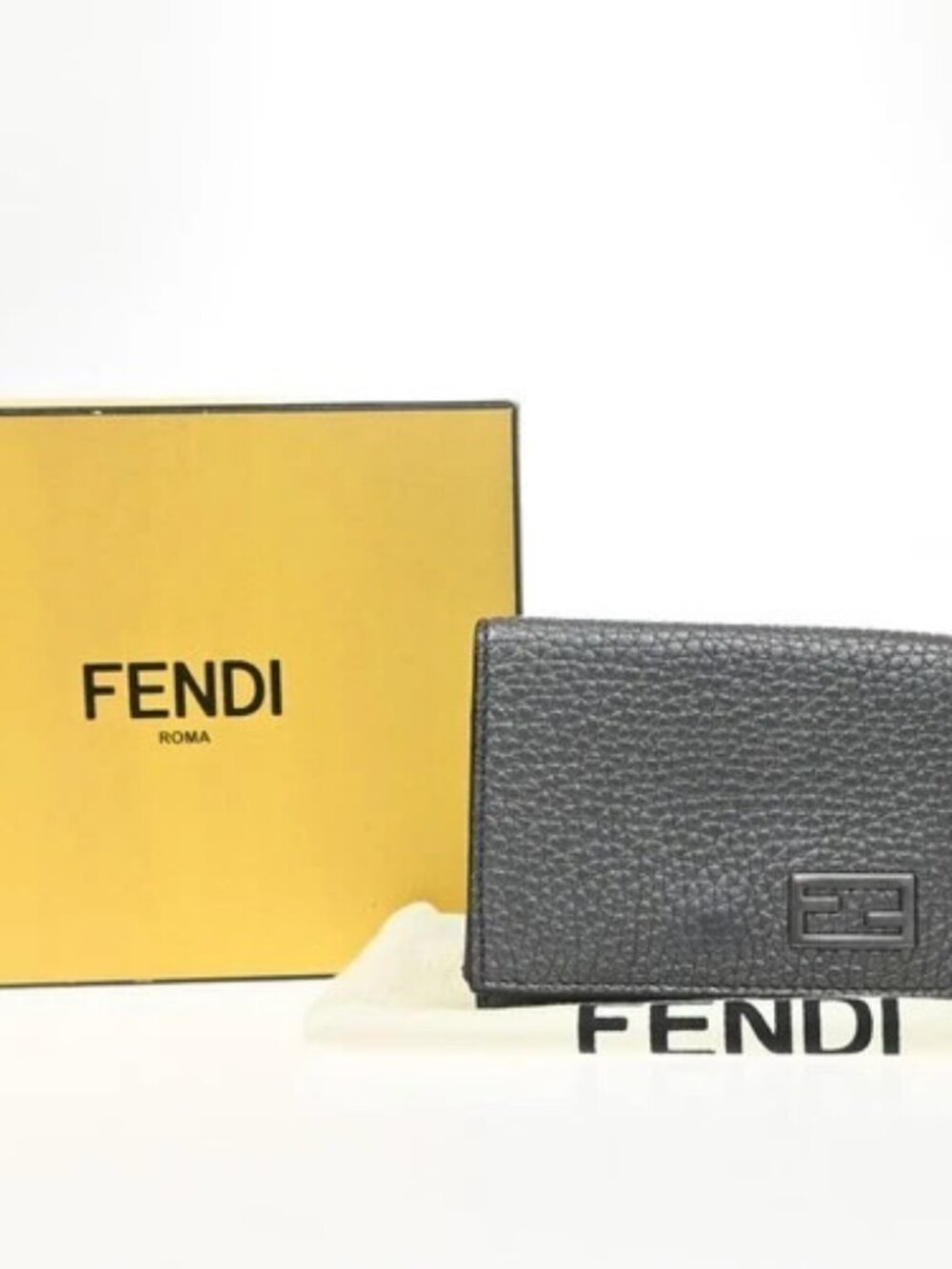 FENDI Logo FF Trifold Compact Wallet Embossing Leather Gray SHW Italy 31KD520